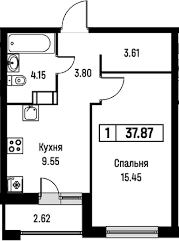 1-комнатная квартира 37.87 м², 16/16 эт., ЖК «Урбанист»