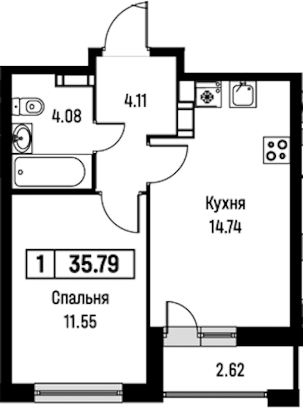 1-комнатная квартира 35.79 м², 16/16 эт., ЖК «Урбанист»