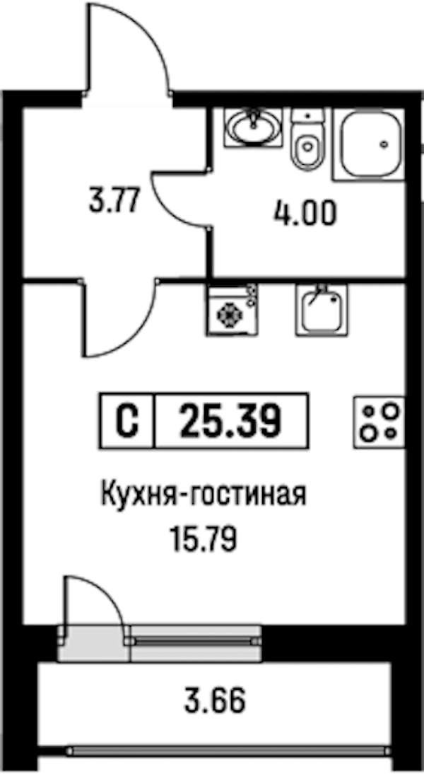 Квартира студия 25.39 м², 2/16 эт., ЖК «Урбанист»