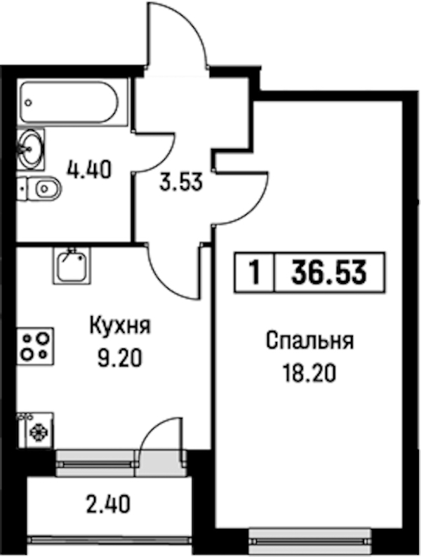 1-комнатная квартира 36.53 м², 2/16 эт., ЖК «Урбанист»