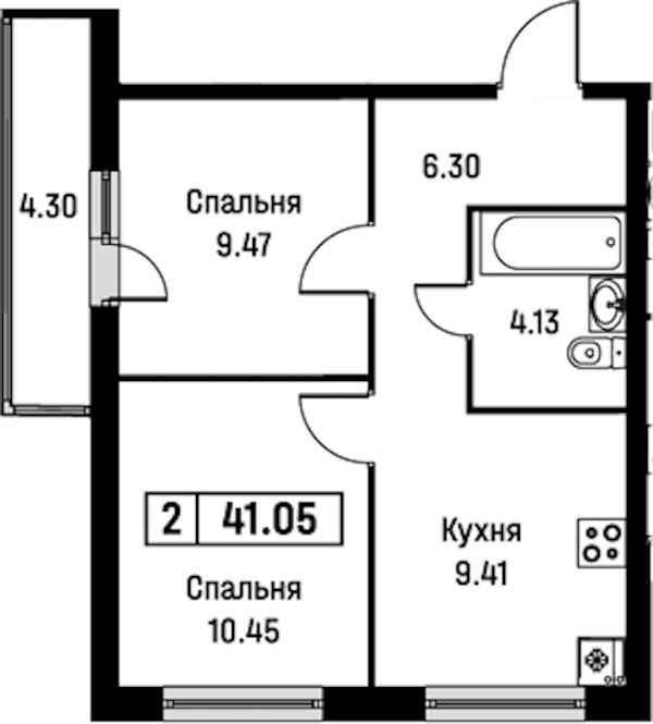 2-комнатная квартира 41.05 м², 2/16 эт., ЖК «Урбанист»