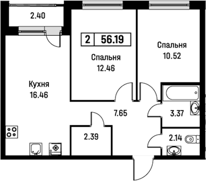 2-комнатная квартира 56.19 м², 2/16 эт., ЖК «Урбанист»