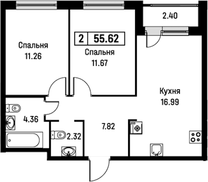 2-комнатная квартира 55.62 м², 2/16 эт., ЖК «Урбанист»