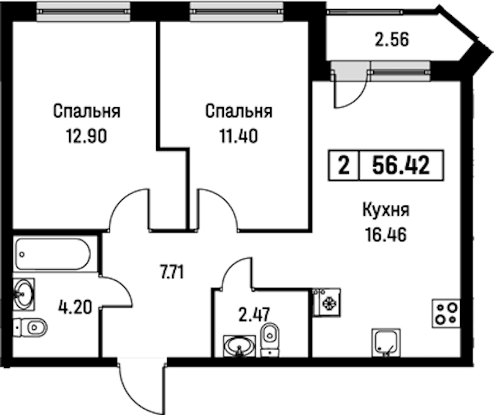 2-комнатная квартира 55.62 м², 2/16 эт., ЖК «Урбанист»
