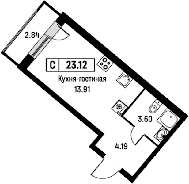 Квартира студия 23.12 м², 2/16 эт., ЖК «Урбанист»