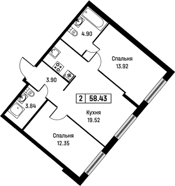 2-комнатная квартира 58.43 м², 2/16 эт., ЖК «Урбанист»