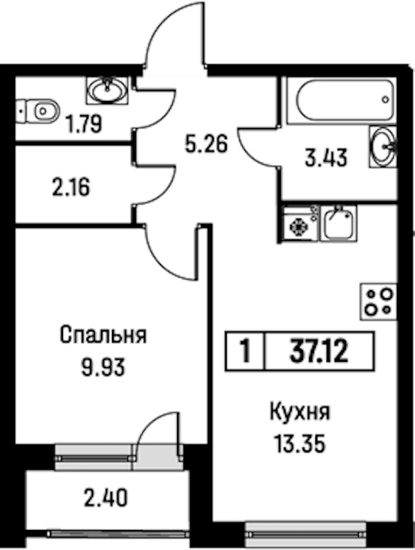 1-комнатная квартира 37.12 м², 2/16 эт., ЖК «Урбанист»