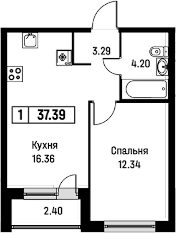 1-комнатная квартира 37.39 м², 2/16 эт., ЖК «Урбанист»