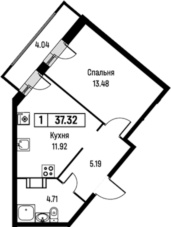 1-комнатная квартира 37.32 м², 3/16 эт., ЖК «Урбанист»