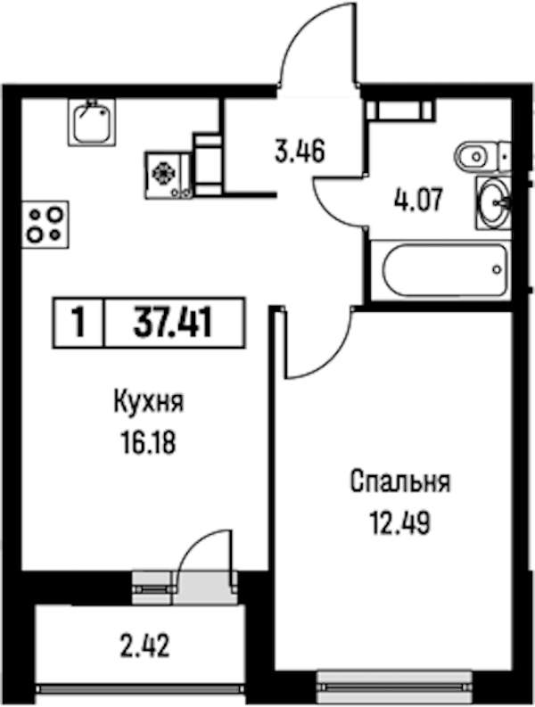 1-комнатная квартира 37.41 м², 3/16 эт., ЖК «Урбанист»