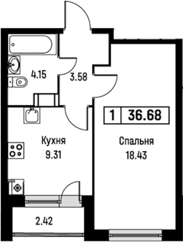 1-комнатная квартира 36.68 м², 4/16 эт., ЖК «Урбанист»