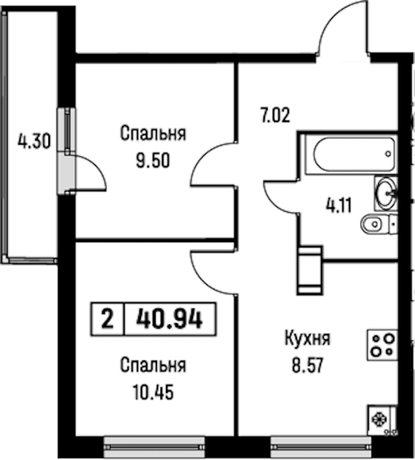 2-комнатная квартира 40.94 м², 4/16 эт., ЖК «Урбанист»