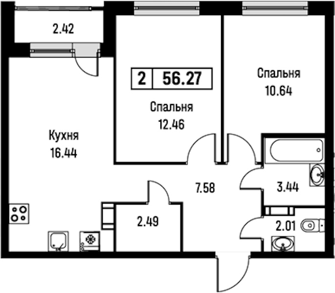 2-комнатная квартира 56.27 м², 4/16 эт., ЖК «Урбанист»