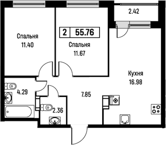 2-комнатная квартира 55.76 м², 4/16 эт., ЖК «Урбанист»