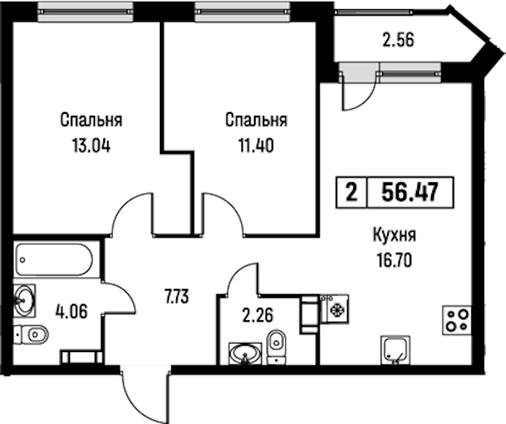 2-комнатная квартира 56.47 м², 5/16 эт., ЖК «Урбанист»