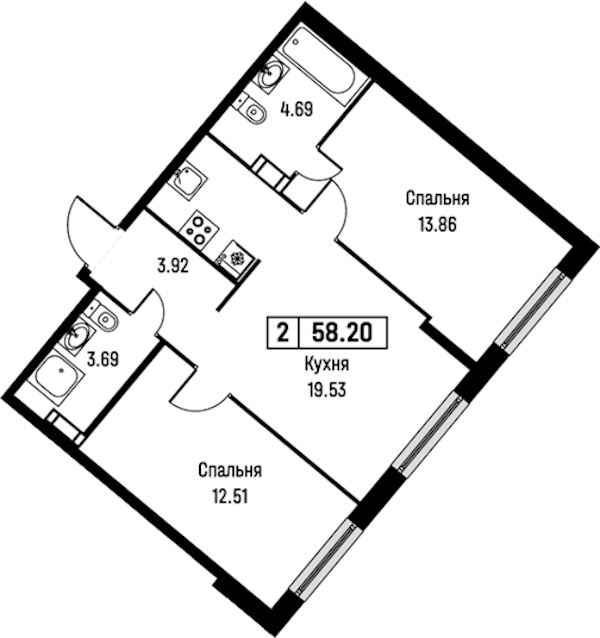 2-комнатная квартира 58.2 м², 5/16 эт., ЖК «Урбанист»