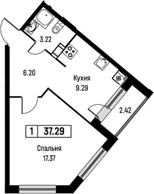 1-комнатная квартира 37.29 м², 5/16 эт., ЖК «Урбанист»