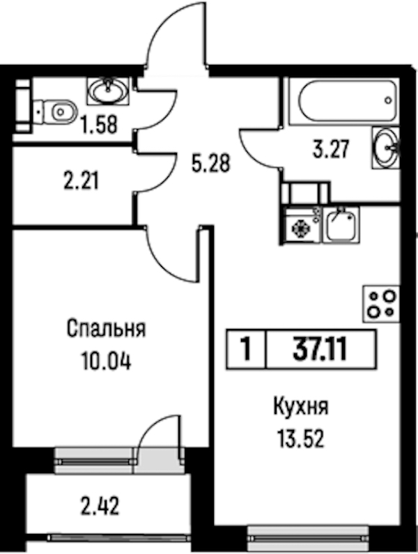 1-комнатная квартира 37.11 м², 5/16 эт., ЖК «Урбанист»