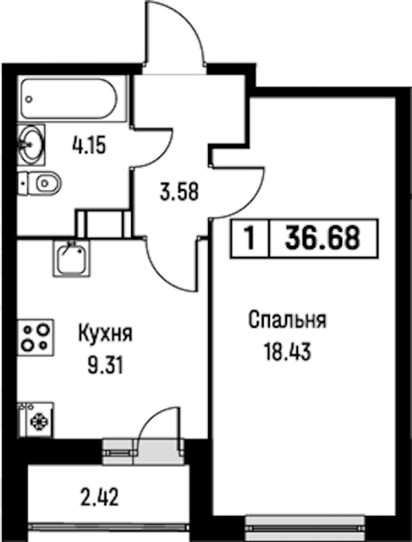 1-комнатная квартира 36.68 м², 8/16 эт., ЖК «Урбанист»