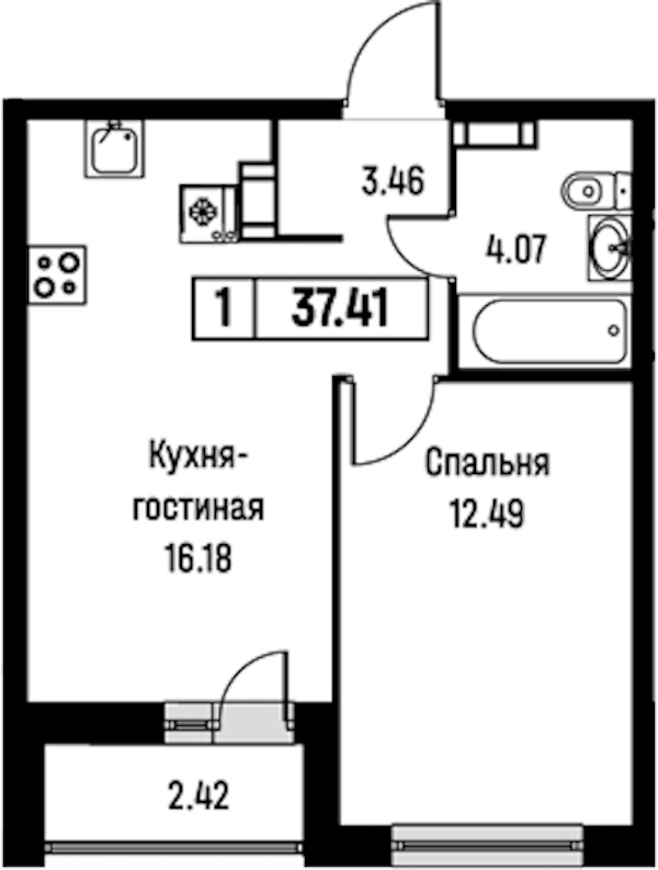1-комнатная квартира 37.41 м², 9/16 эт., ЖК «Урбанист»