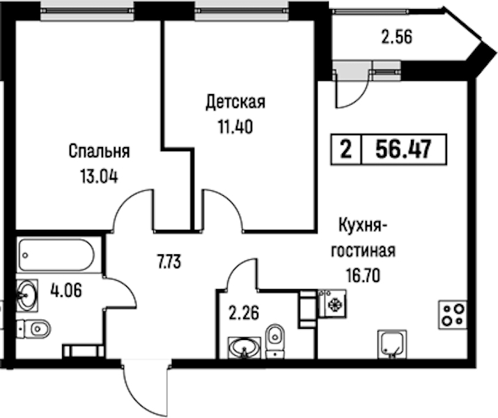 2-комнатная квартира 56.47 м², 11/16 эт., ЖК «Урбанист»