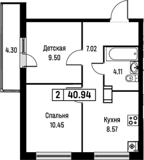 2-комнатная квартира 40.94 м², 12/16 эт., ЖК «Урбанист»