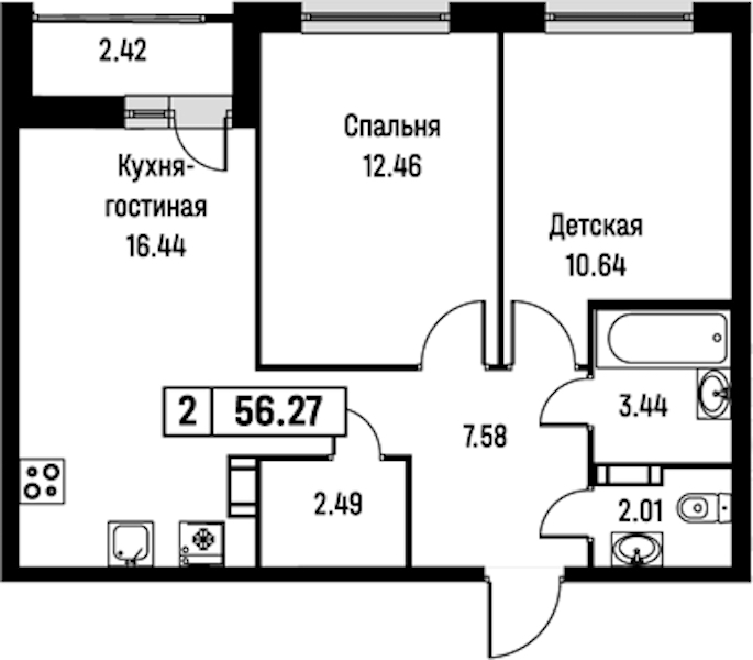 2-комнатная квартира 56.27 м², 12/16 эт., ЖК «Урбанист»