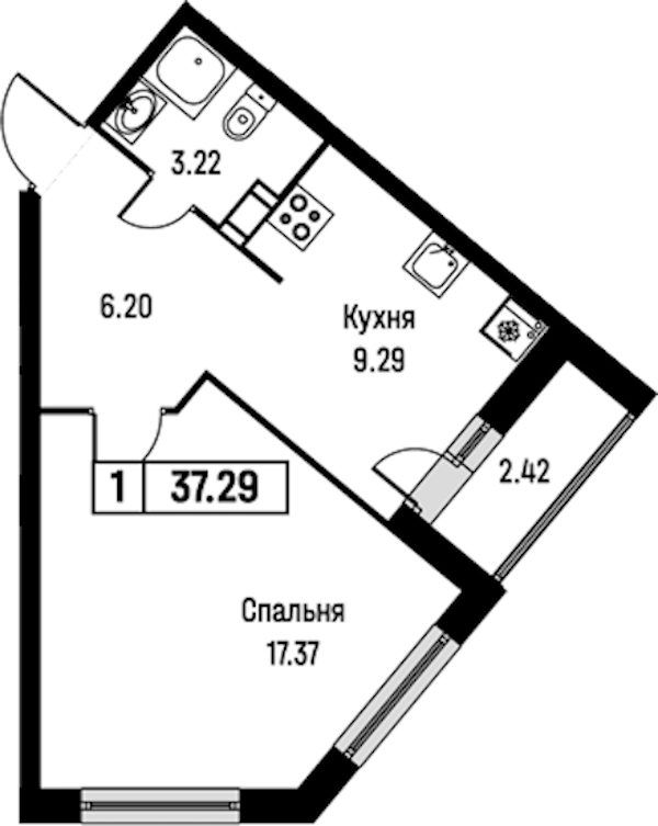 1-комнатная квартира 37.29 м², 12/16 эт., ЖК «Урбанист»