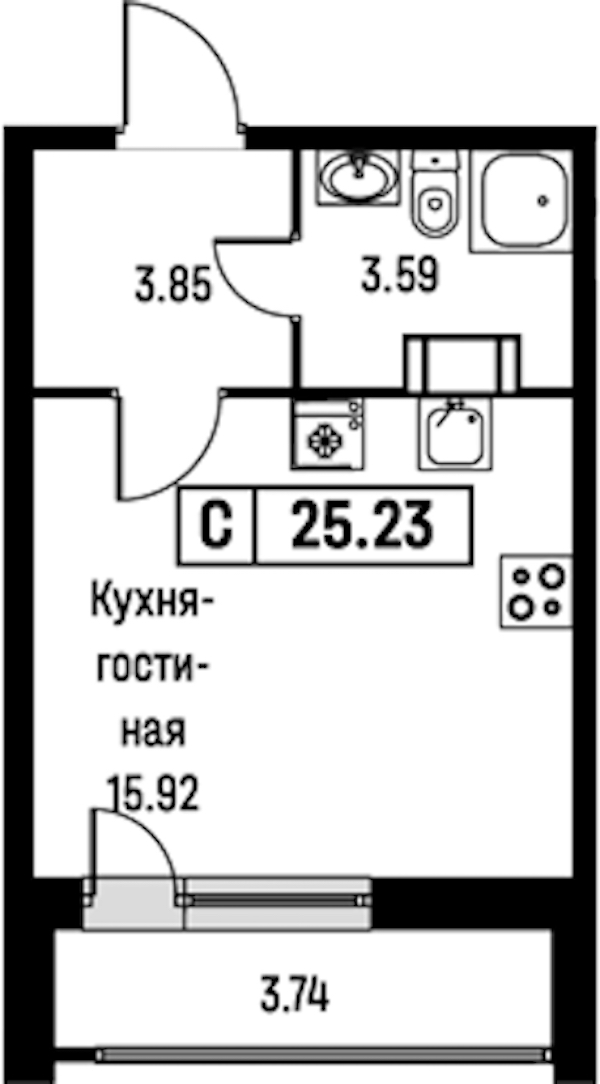 Квартира студия 25.23 м², 13/16 эт., ЖК «Урбанист»