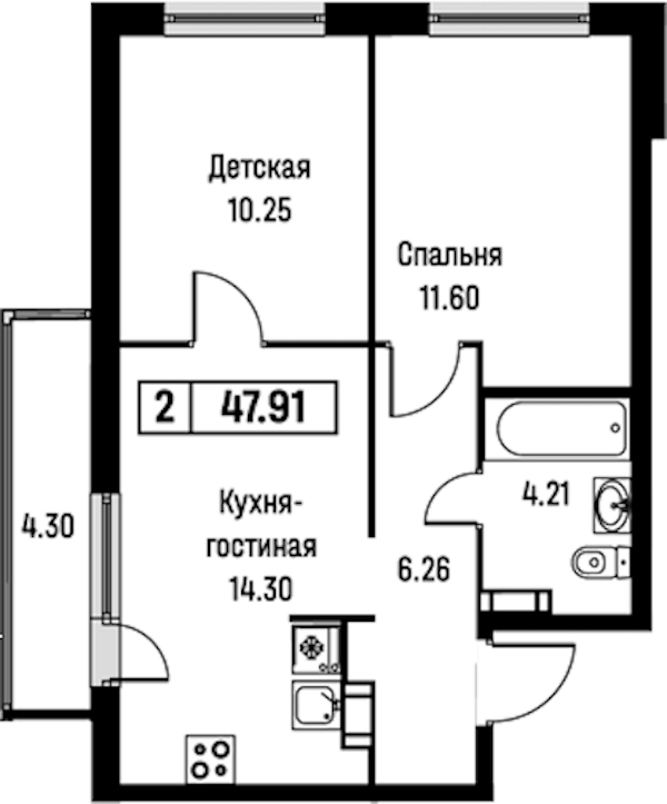 2-комнатная квартира 47.91 м², 14/16 эт., ЖК «Урбанист»