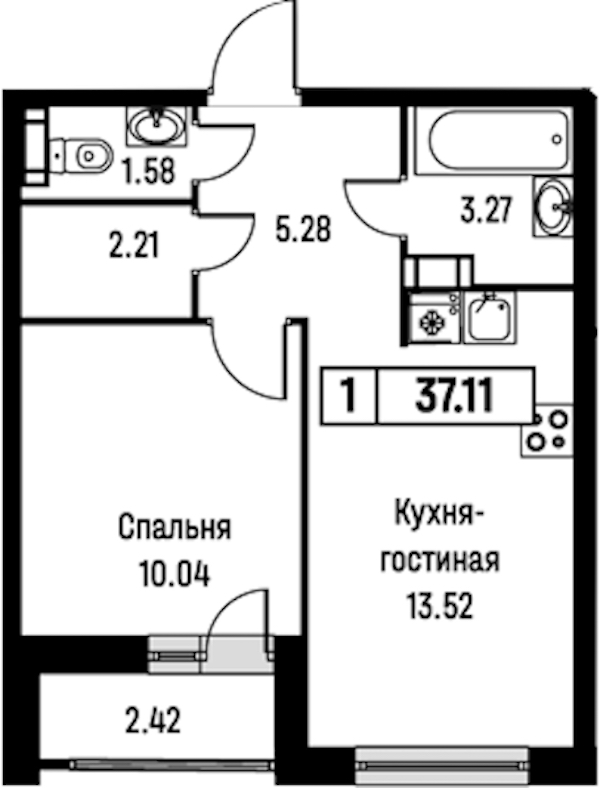 1-комнатная квартира 37.11 м², 15/16 эт., ЖК «Урбанист»