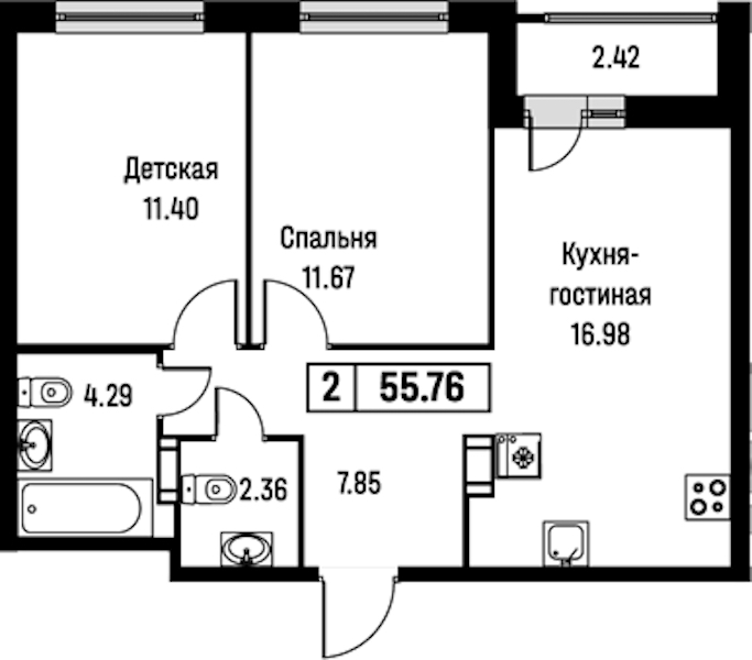 2-комнатная квартира 55.76 м², 16/16 эт., ЖК «Урбанист»