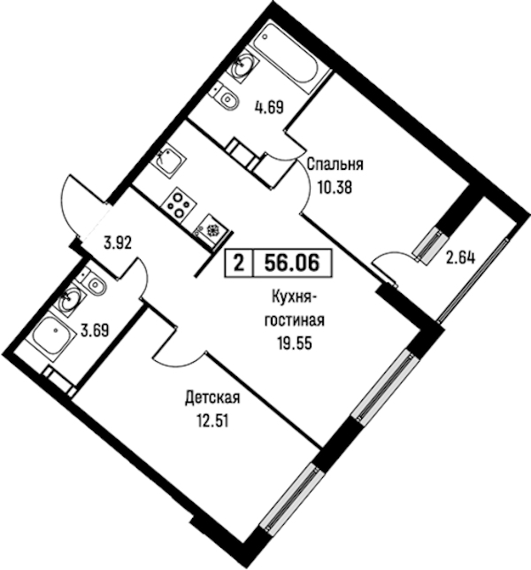 2-комнатная квартира 56.06 м², 16/16 эт., ЖК «Урбанист»