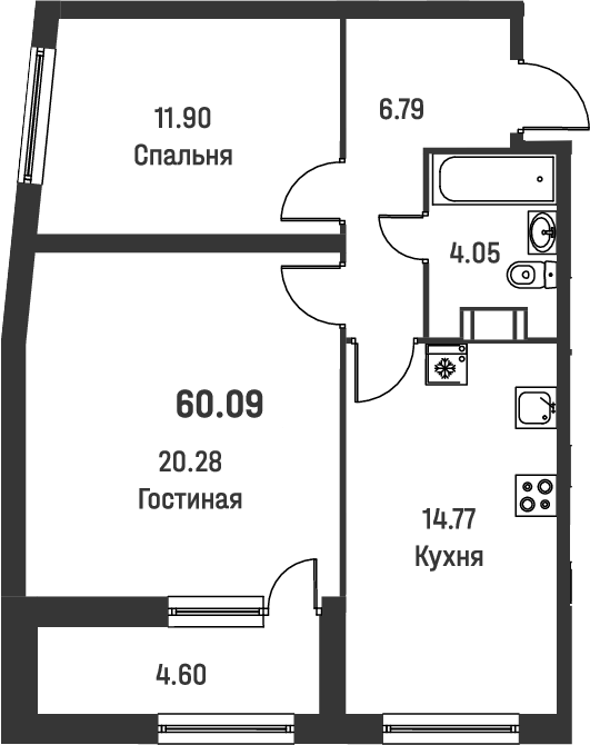 2-комнатная квартира 60.09 м², 3/18 эт., ЖК «Графика»