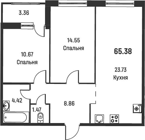 2-комнатная квартира 65.38 м², 1/18 эт., ЖК «Графика»