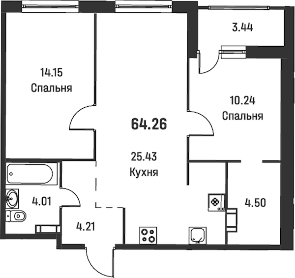 2-комнатная квартира 64.26 м², 13/18 эт., ЖК «Графика»