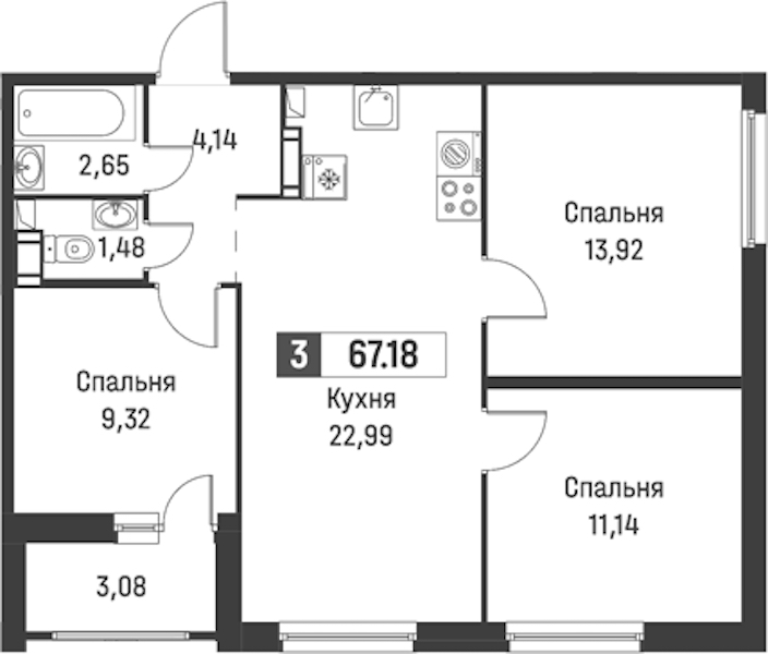 3-комнатная квартира 67.18 м², 10/18 эт., ЖК «Графика»