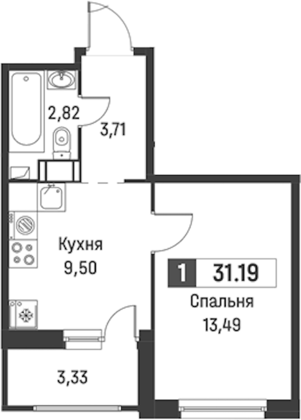 1-комнатная квартира 31.19 м², 10/18 эт., ЖК «Графика»