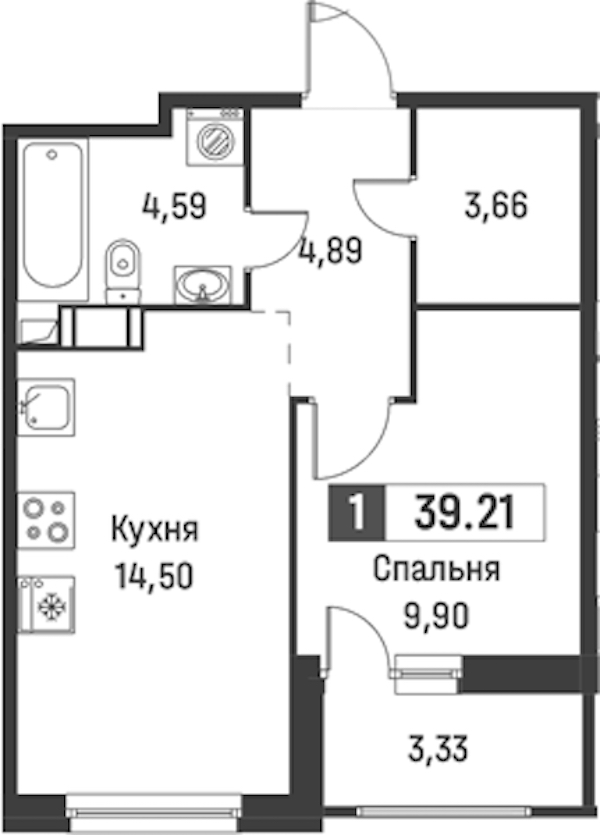 1-комнатная квартира 39.21 м², 10/18 эт., ЖК «Графика»