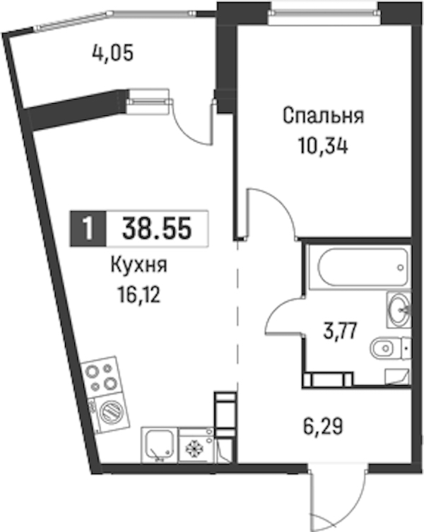 1-комнатная квартира 38.55 м², 10/18 эт., ЖК «Графика»