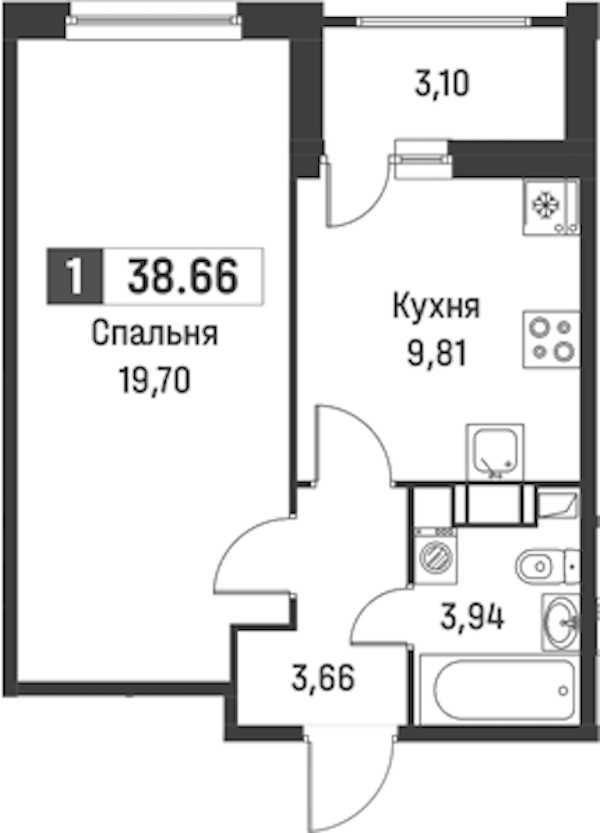 1-комнатная квартира 38.66 м², 10/18 эт., ЖК «Графика»