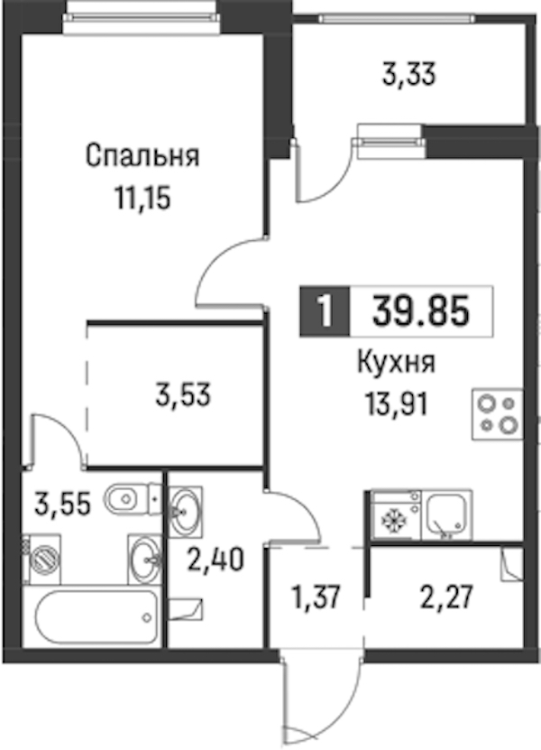 1-комнатная квартира 39.85 м², 2/18 эт., ЖК «Графика»