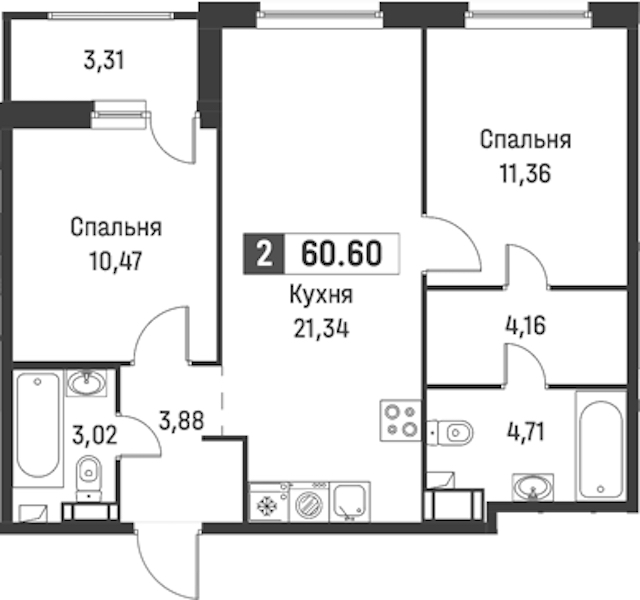 2-комнатная квартира 60.6 м², 12/18 эт., ЖК «Графика»