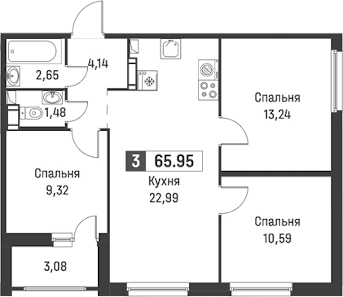 3-комнатная квартира 65.95 м², 12/18 эт., ЖК «Графика»