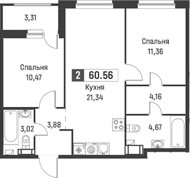 2-комнатная квартира 60.56 м², 3/18 эт., ЖК «Графика»