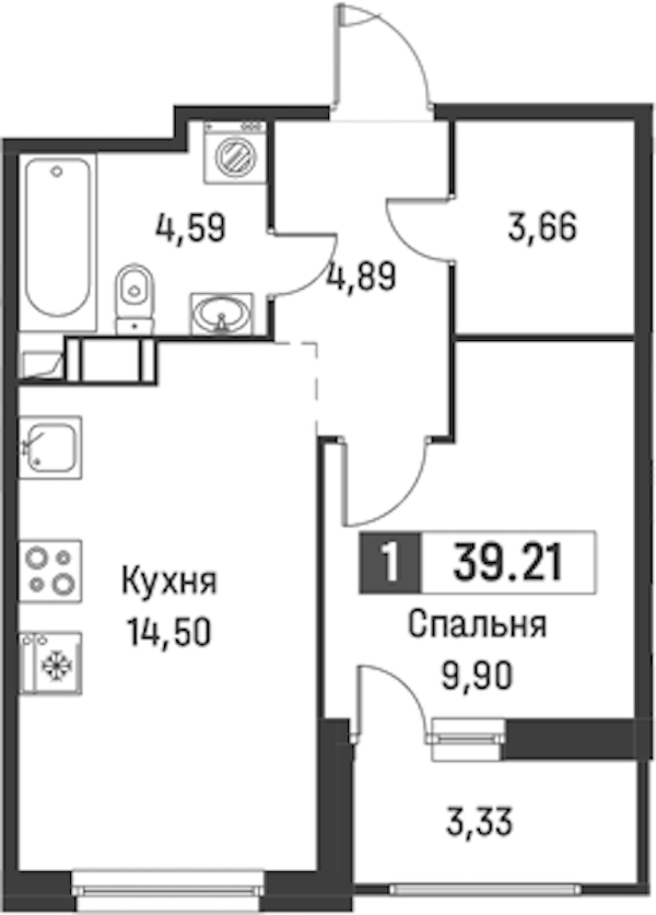 1-комнатная квартира 39.21 м², 13/18 эт., ЖК «Графика»