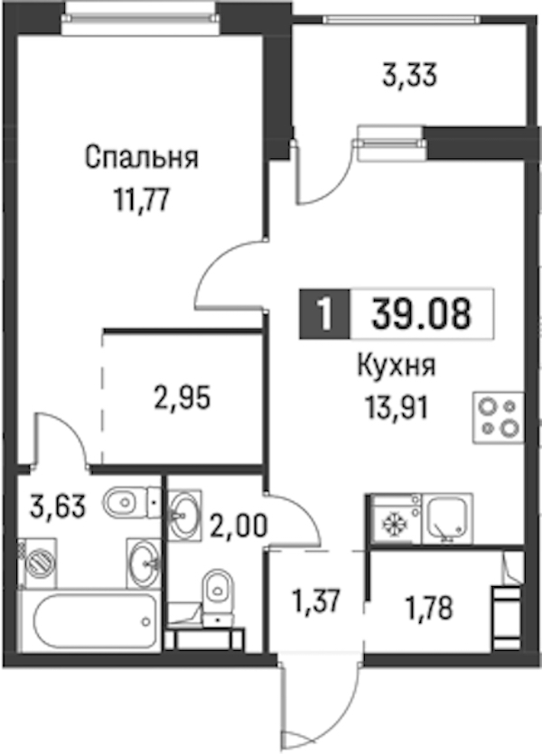 1-комнатная квартира 39.08 м², 13/18 эт., ЖК «Графика»