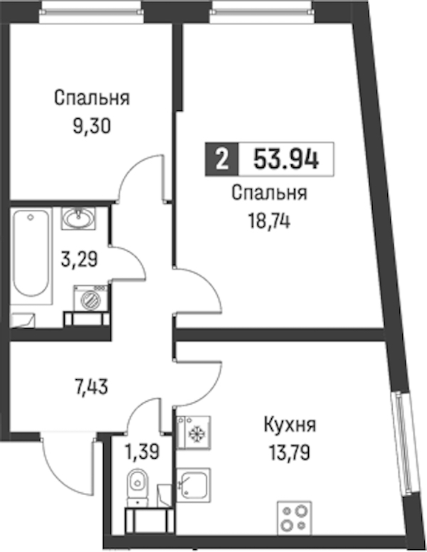 2-комнатная квартира 53.94 м², 3/18 эт., ЖК «Графика»