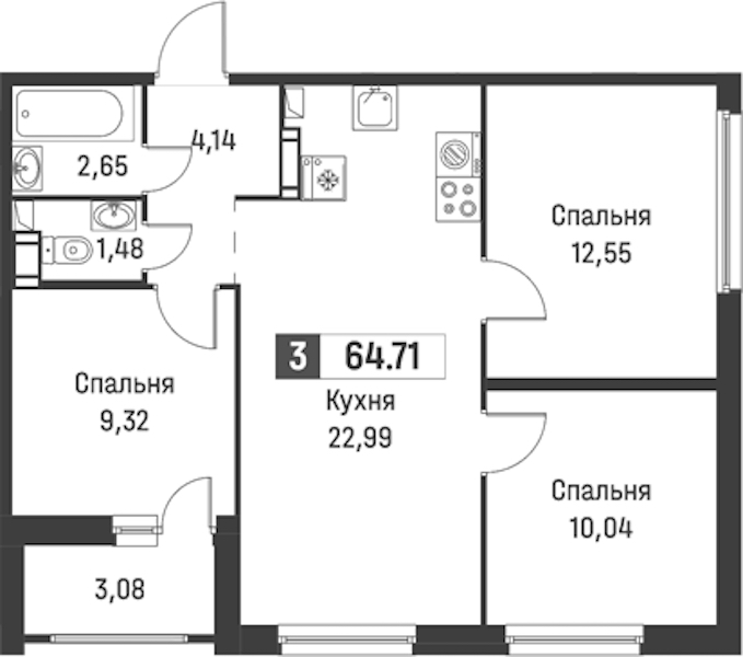 3-комнатная квартира 64.71 м², 14/18 эт., ЖК «Графика»