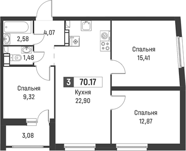 3-комнатная квартира 70.17 м², 3/18 эт., ЖК «Графика»